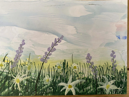 Original Encaustic Artwork Wildflower Field - made with Beeswax (A5 Landscape) - Mêl Llŷn
